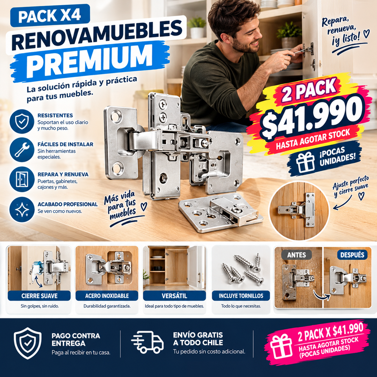 Pack 4 BisagraFix Pro - Repara sin maestro ni mueble nuevo 2x1